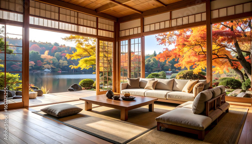 Cozy Japanese Interior with Autumnal Lake View Showcasing Wooden Structure and Natural Sunlight Through Large Windows