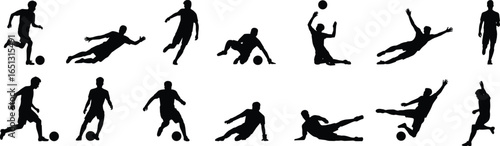 Silhouettes of soccer players in action poses, dynamic football movements, athletic sports image, competitive game, kicking, running, sliding, ball