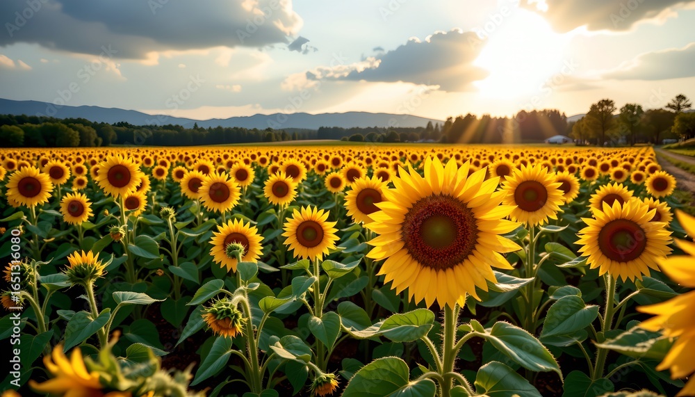 Fototapeta premium A vibrant sunflower field under a cloudy sky, with the sun low in the horizon, casting a warm glow on the yellow flowers.