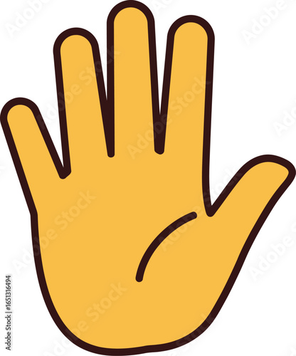 A bright yellow cartoon hand raised with an open palm and fingers spread wide against a white background