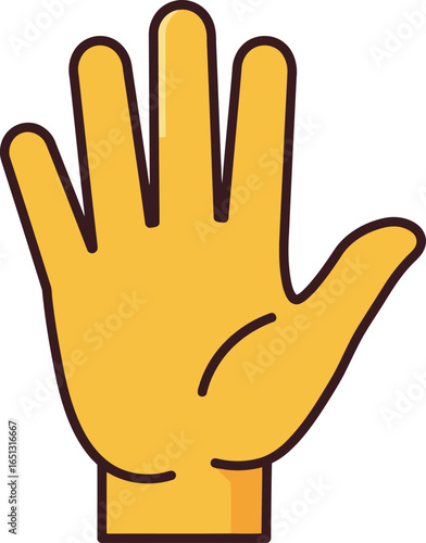 A bright yellow cartoon hand with five fingers raised in a friendly open palm gesture against a white background