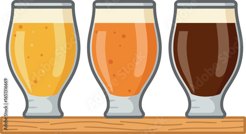 Three different craft beers in tasting glasses arranged on a wooden flight paddle showcasing a variety of colors and foam
