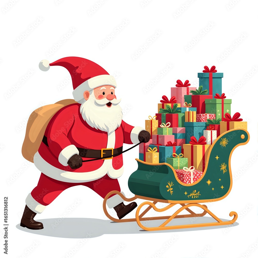 Obraz premium Jolly figure in red with sleigh full of colorful gifts