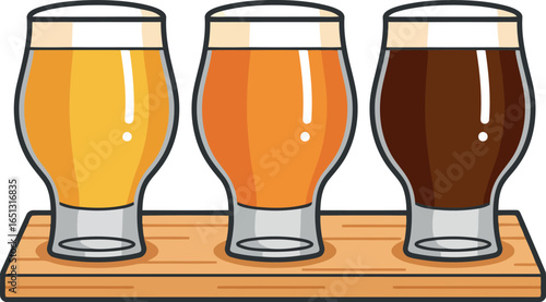 Three different craft beers served in tasting glasses on a wooden flight paddle for a beer tasting experience