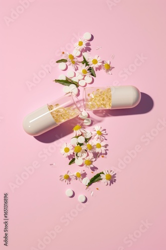 Open capsule with chamomile and herbs on pink background