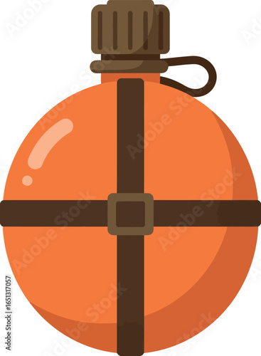 A vintage style orange canteen with brown straps and a cap isolated on a white background for outdoor adventures