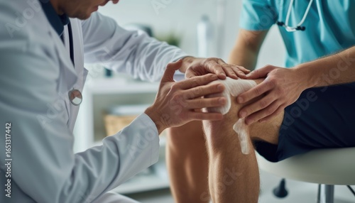 Doctor treating a knee injury with care.