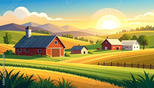 Rural Farmland Sunset Landscape.