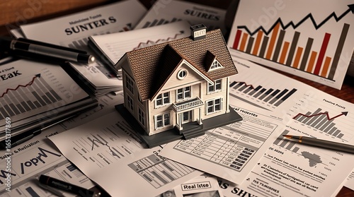 Model house on financial documents with graphs