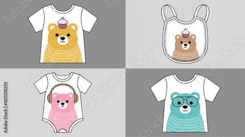 Cute Bear Designs for Baby Clothes and Bibs Featuring Cupcakes Headphones and Glasses Keywords: baby clothes, baby bib, bear, cute, cartoon, illustration, graphic design