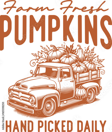 Farm Fresh Pumpkins Truck – Classic pickup truck full of pumpkins in vintage orange style, handpicked fall harvest country design