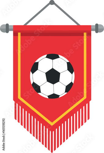 A vibrant red pennant banner featuring a classic black and white soccer ball with decorative fringe hanging against a white background