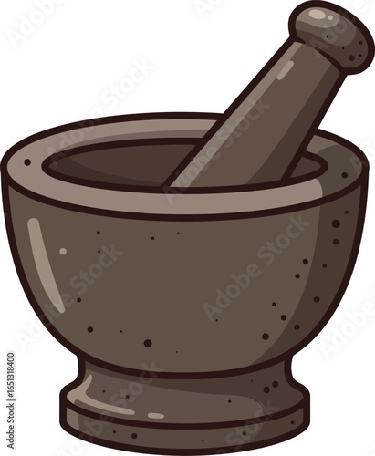 A simple cartoon illustration of a stone mortar and pestle a traditional tool for grinding herbs and spices