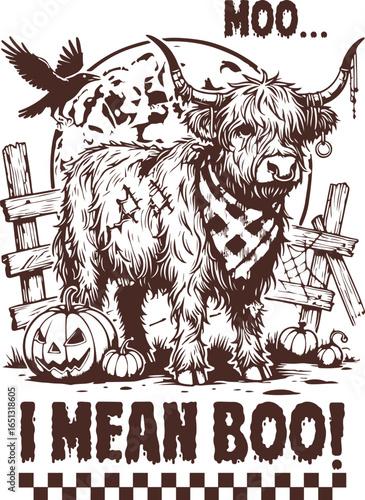 Moo I Mean Boo – Highland cow dressed up for Halloween on spooky farm with pumpkins and fence, humorous fall pun design