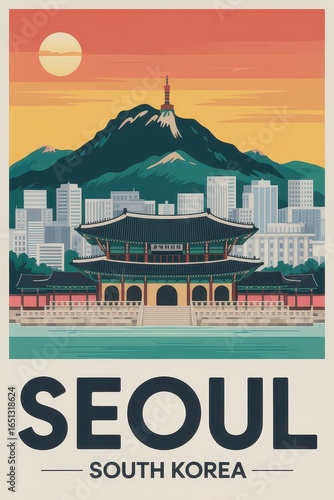 Vintage Travel Poster of Seoul South Korea Skyline  
