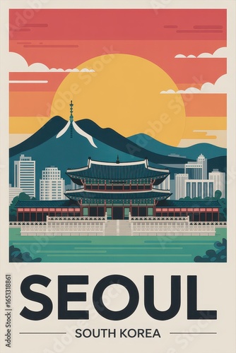 Vintage Travel Poster of Seoul South Korea Skyline  
