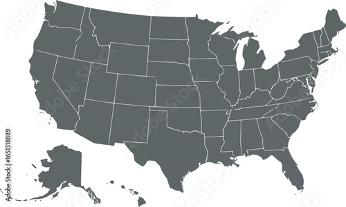 Detailed map of the united states of america with all states and major cities clearly marked in gray on a white background