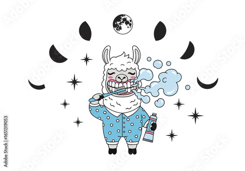 Cute llama brushing teeth with toothpaste and moon phases illustration