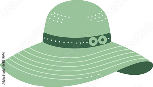 A stylish light green wide brimmed sun hat with a dark green ribbon and decorative buckles perfect for summer fashion and outdoor protection
