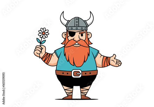 Happy viking holding a flower with a gentle smile and open arms