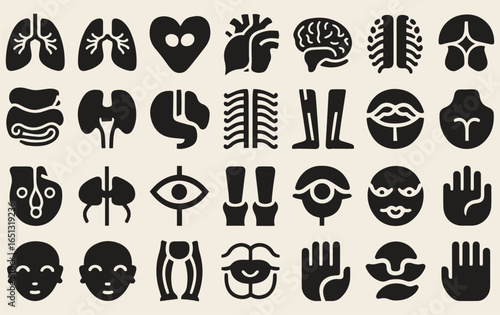 Icons of human anatomy in black, set against a beige background. Includes lungs, heart, brain, and eyes, arranged in a tidy five-by-five grid.