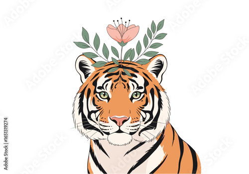 Beautiful tiger portrait with floral crown and green leaves delicate nature elements