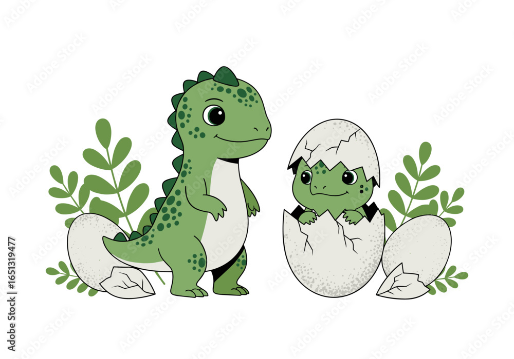 Naklejka premium Adorable baby dinosaur hatching from egg surrounded by plants and other eggs