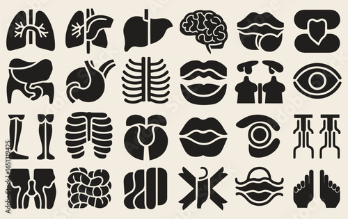 Silhouettes of human organs and body parts, including lungs, heart, liver, brain, ribs, and more, arranged in a grid. Simple and bold design.