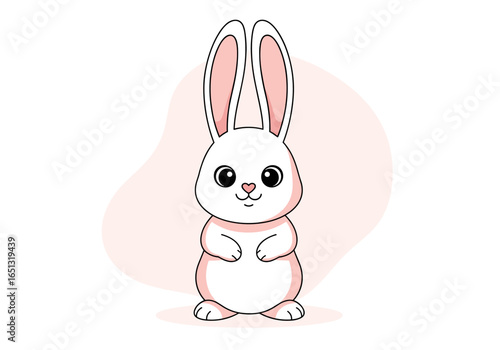 Adorable white rabbit standing with long ears and cute eyes in a soft pink background