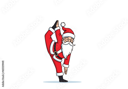 Santa claus performing an impressive gymnastics split in his festive outfit