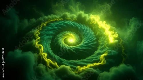 Dynamic swirling energy vortex with vibrant green and yellow colors, abstract background