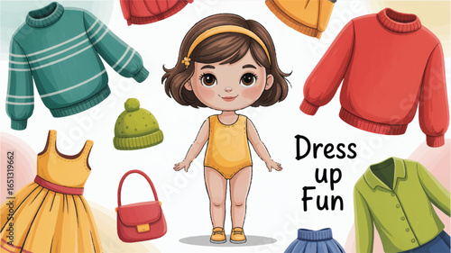 Cute cartoon girl surrounded by colorful clothing for dress up fun Keywords: dress up, doll, paper doll, girl, child, clothing, fashion, outfit, style, imagination, play, game