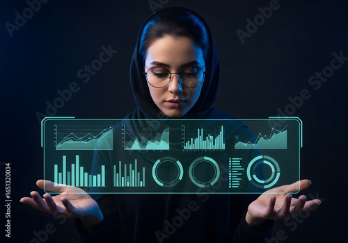 Woman in hijab analyzing futuristic holographic data charts