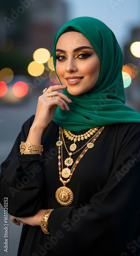 Woman in green hijab and gold jewelry with bokeh lights