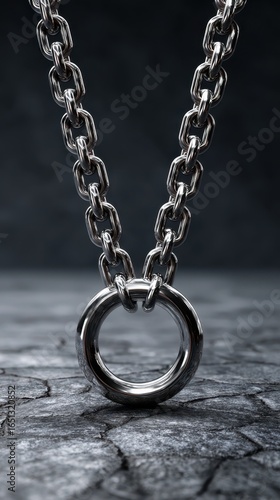 Shiny silver chain necklace with a circular pendant against a textured dark background