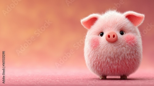 Cute fluffy piglet stands on a soft pink background with a charming expression, perfect for animal lovers and children's illustrations