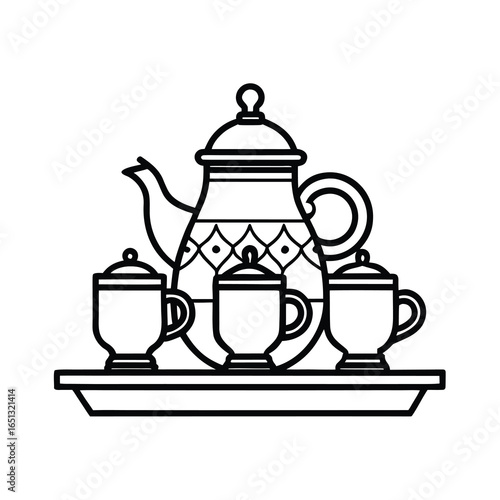 Vector art of tea set with three cups and a teapot a tray, isolated