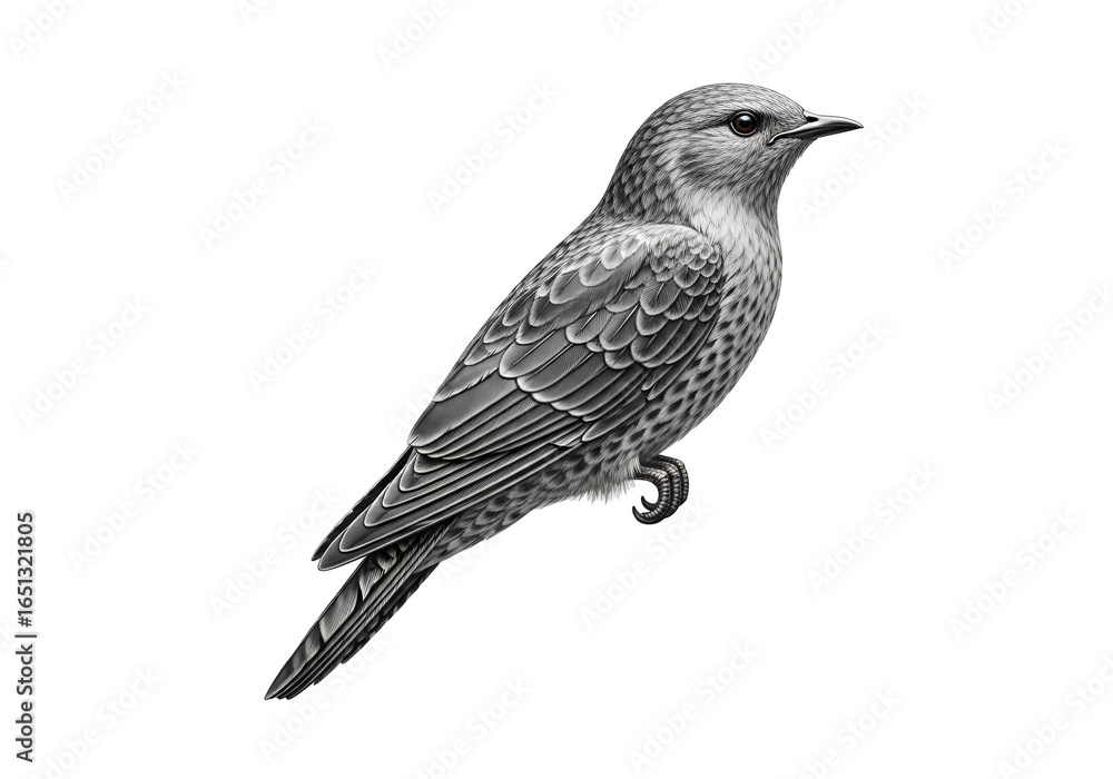 Obraz premium Detailed black and white photograph of a perched bird with intricate feather patterns against a