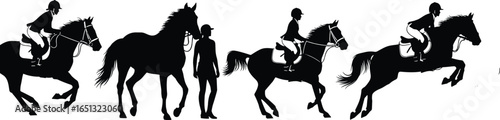 Vector silhouettes of horse riding, jumping, walking, and standing, showcasing equestrian sports, outdoor adventure, animal illustration, and horseback activity concepts
