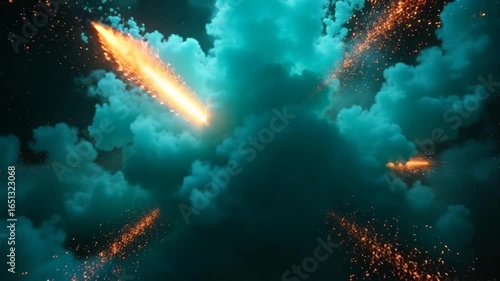 Dynamic celestial event with vibrant energy streaks piercing through dramatic clouds