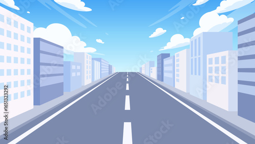 ビル街の中の道路の風景イラスト_青_16:9