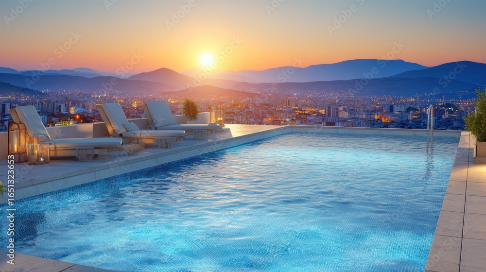 Obraz premium Rooftop pool at sunset overlooking a city with mountains in the distance