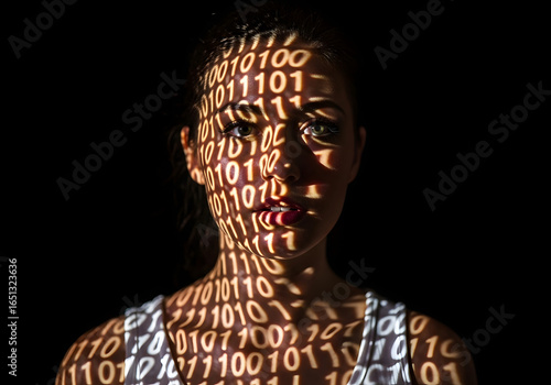 Woman's Face Projected with Binary Code data technology