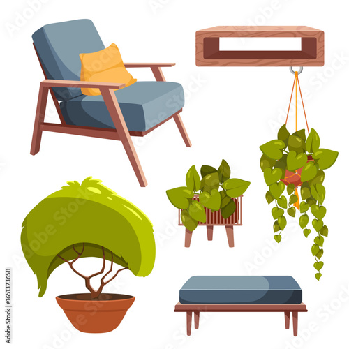 Vector set of modern interior, outdoor armchair, bench, shelf and decorative plants in pots and planters in cartoon style game assets, and outdoor lifestyle projects.