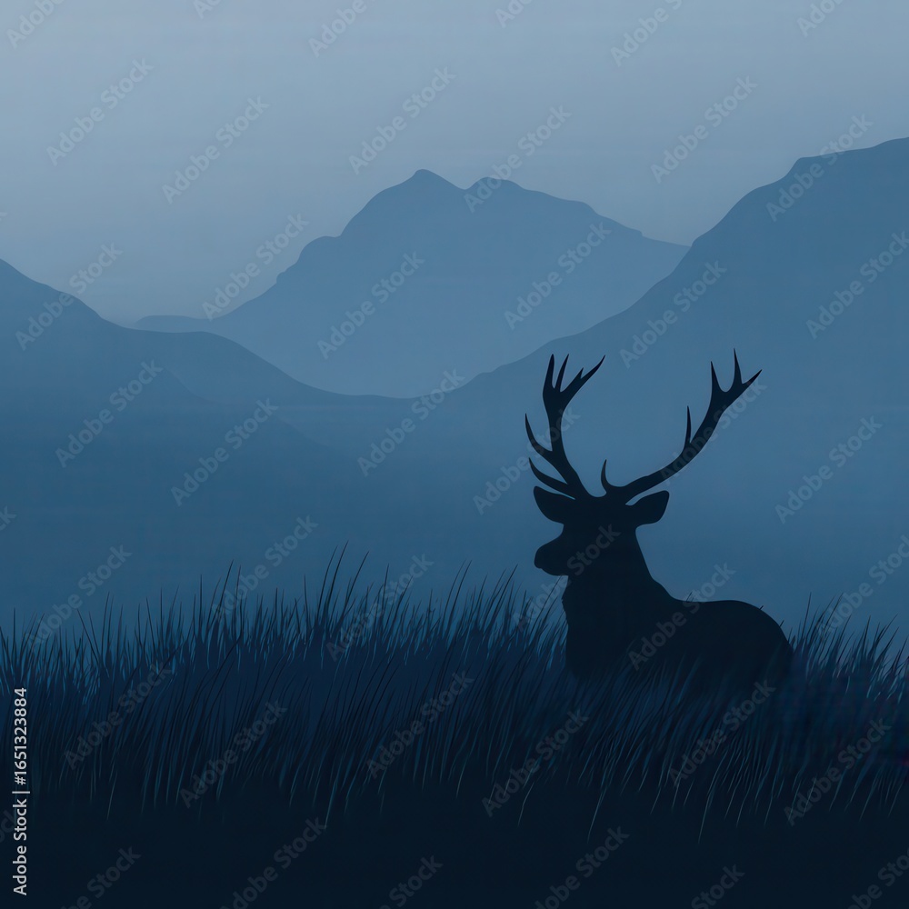 Fototapeta premium Silhouette of a deer in a field at dawn or dusk, surrounded by misty mountains.