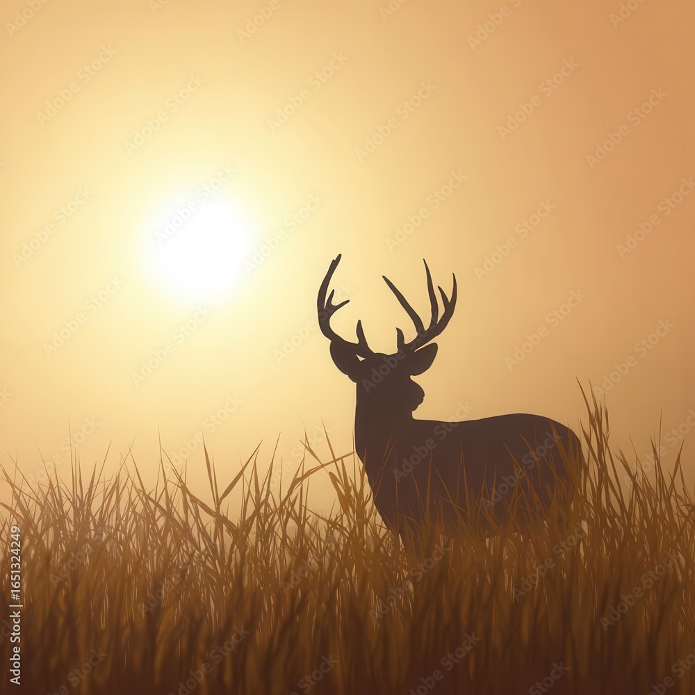 Naklejka premium Silhouette of a deer at sunrise.