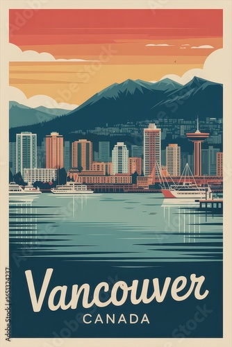 Vintage Travel Poster of Vancouver Canada Skyline  
