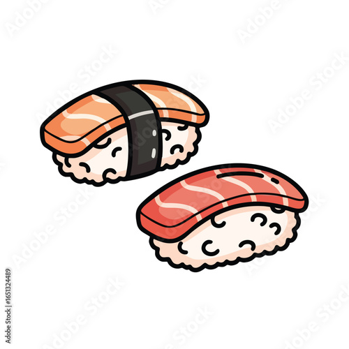 A cute cartoon illustration of two pieces of Japanese nigiri sushi, one with salmon and nori seaweed, the other with tuna.