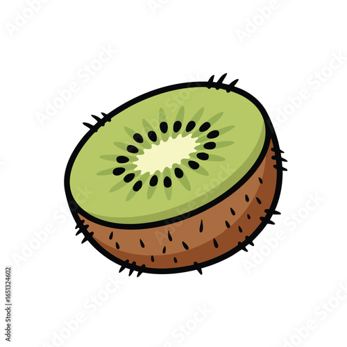 A vibrant cartoon illustration of a kiwi fruit sliced in half, showing its green flesh and black seeds.