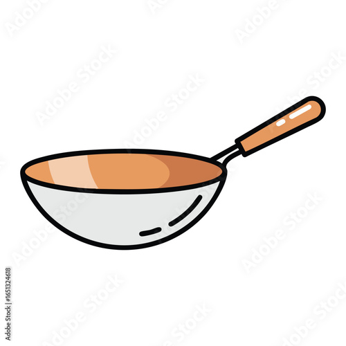 A simple cartoon illustration of a metal wok with a wooden handle, isolated on a white background.